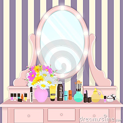 Dressing table with mirror with lights, female boudoir for applying makeup, flat drawing, vector illustration. Pink table and mirr Vector Illustration