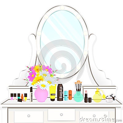 Dressing table with mirror with lights, female boudoir for makeup, flat drawing, vector illustration Vector Illustration