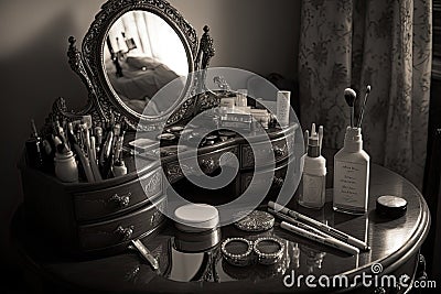 dressing table with mirror and makeup tray, ready for the morning routine Stock Photo