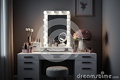 dressing table with vanity mirror and lighting for flawless makeup application Stock Photo