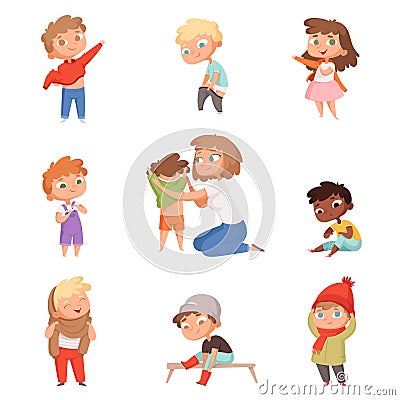 Dressing up kids. Children changing clothes dresses and pants with shoes vector pictures set Vector Illustration