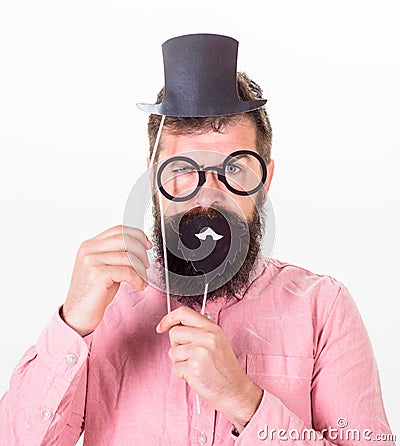 Dressing well makes you seem more intelligent. Man bearded hipster cardboard top hat and eyeglasses to look smarter Stock Photo