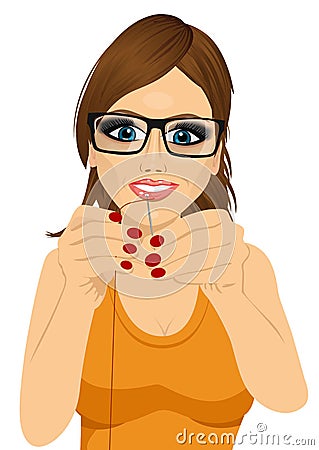 Dressmaker woman with glasses putting sewing thread Vector Illustration