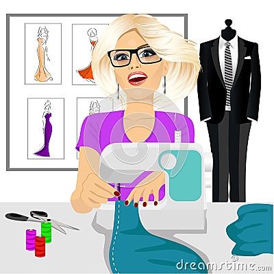 Dressmaker woman using sewing machine Vector Illustration