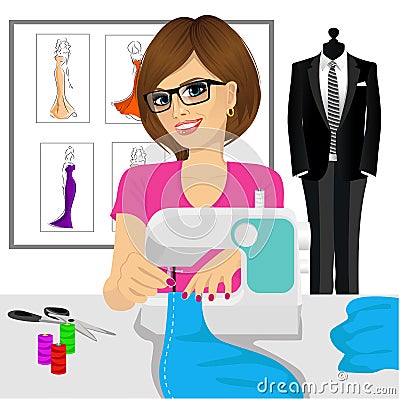 Dressmaker woman using sewing machine Vector Illustration