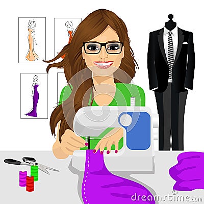 Dressmaker woman using sewing machine Vector Illustration