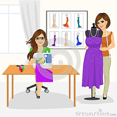 Dressmaker woman using sewing machine and fashion designer draping a mannequin with a gown Vector Illustration