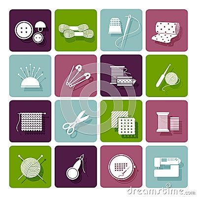 Dressmaking, knitting and embroidery icons Vector Illustration