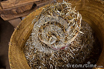 Dried Anchovies fish ideal for flavoring African food selling at market in Tanzania, Africa Stock Photo