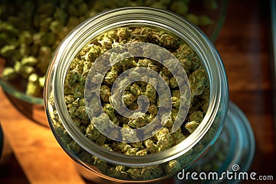 dried aroma cannabis buds in glass jar top view generative ai Stock Photo