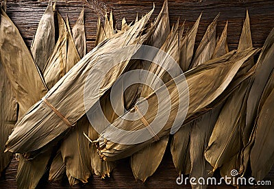 Dried Bamboo leaves in brown for Zongzi recipe Stock Photo