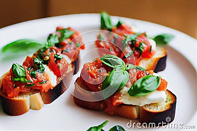 Dried bruschetta tomatoes on fried bread with olive oil Italian cuisine. Stock Photo