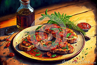 dried bruschetta tomatoes on fried bread with olive oil italian cuisine Stock Photo