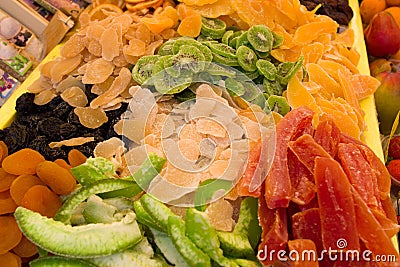 DRIED AND CARAMELIZED FRUITS MACRO SHOT Stock Photo