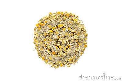 Dried Chamomile flowers on white background. Herbal medicine concept. Close-up. Top view Stock Photo