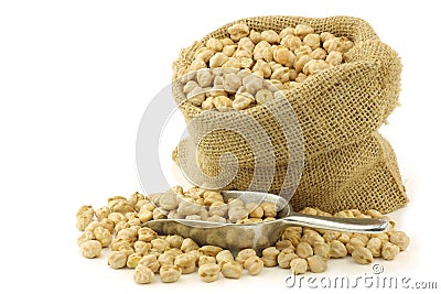 Dried chick peas in a burlap bag Stock Photo