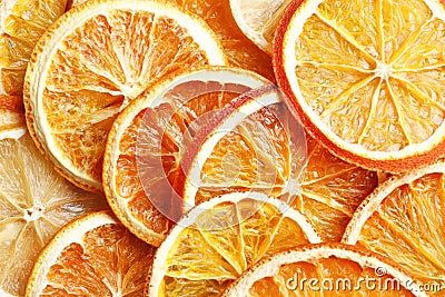 Dried citruses closeup as background. Top view. Place for text. Pattern Stock Photo