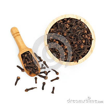 dried cloves wooden bowl on white Stock Photo