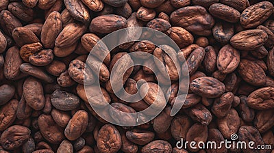 Dried cocoa beans and dried cocoa pods on wooden background Stock Photo