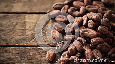 Dried cocoa beans and dried cocoa pods on wooden background Stock Photo