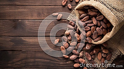 Dried cocoa beans and dried cocoa pods on wooden background Stock Photo