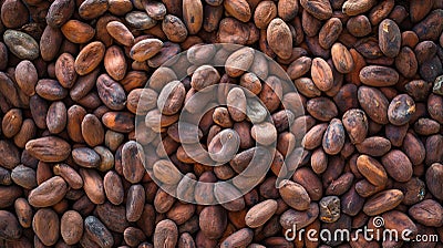 Dried cocoa beans and dried cocoa pods on wooden background Stock Photo