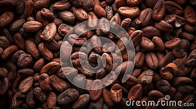 Dried cocoa beans and dried cocoa pods on wooden background Stock Photo