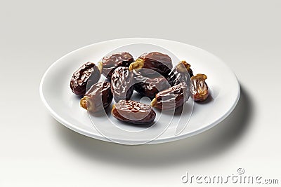 Dried date fruits on a round white plate with white background. Created with generative AI technology. Stock Photo