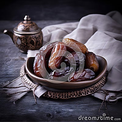 A bowl full of dried dates, a perfect snack full of sweet and sticky flavor. Stock Photo