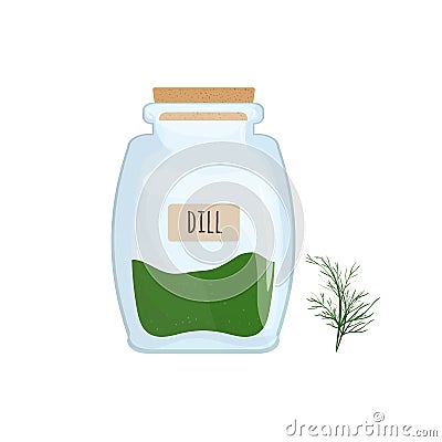 Dried dill stored in glass jar isolated on white background. Aromatic herb, food spice or condiment, cooking ingredient Vector Illustration