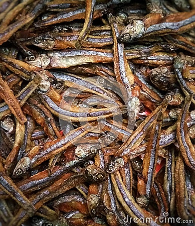 dried fish or anchovies, one of the traditional foods in Indonesia. The taste of being salty can make your appetite increase. Stock Photo