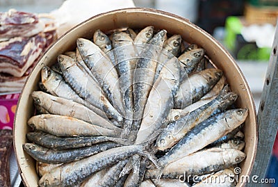 Dried fish offered at mediterranean market stall Stock Photo