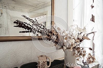 Dried Flora in Antique Vase Against Tin Wall - Abandoned House in Massachusetts Stock Photo