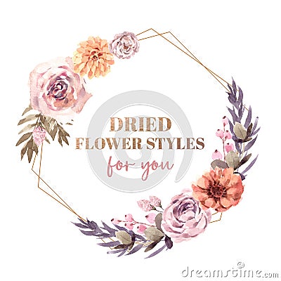 Dried floral wreath design with chrysanthemum, peony watercolor illustration Cartoon Illustration