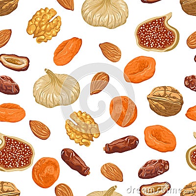 Dried fruits and nuts seamless pattern on white background. Vector illustration of figs, walnuts, dried apricots, almonds, dates i Vector Illustration