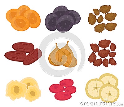 Dried fruits set, flat style. Raisins, apricots, prunes on a white background. Vector illustration, clip art Vector Illustration