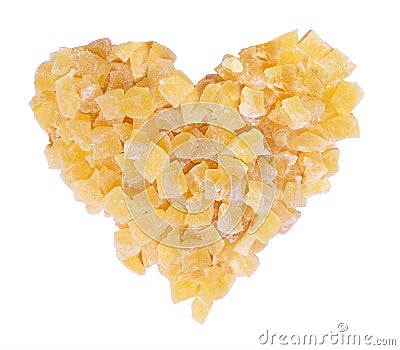 Dried ginger heart shape, pieces of cubes of giger dehydrated. Healthy food natural bio diet meal Stock Photo