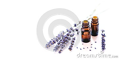 Dried lavender with a bottle of essential oil Stock Photo