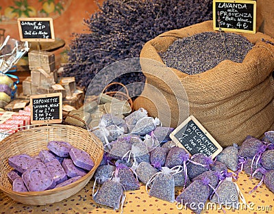 Dried lavender sachets basket. Stock Photo