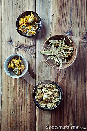 Dried marigold flowers, linden blossoms and hops f Stock Photo