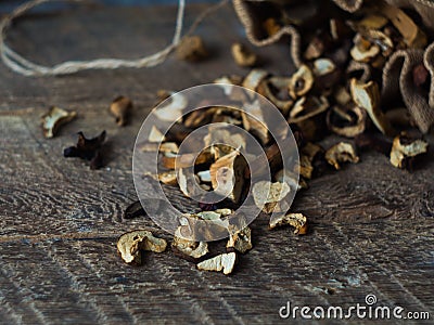 Dried Mushrooms close up on Wooden table Stock Photo