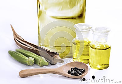 Dried okra Abelmoschus esculentus seed with oil and Fresh raw Stock Photo