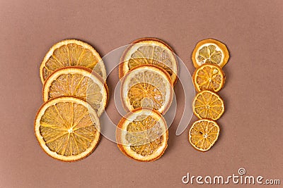 Dried Orange Slices Chips Dehydrated Crispy Citrus Group of Sun Dried Crunchy Oranges Healthy Snack Top view Flat Lay Brown Stock Photo