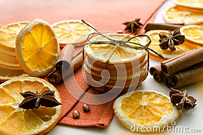 Dried oranges, anise stars and cinnamon sticks Stock Photo