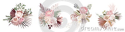 Dried pampas grass, rose, protea, orchid flowers, tropical palm leaves vector bouquets. Pastel watercolor floral Vector Illustration