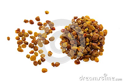 Grape raisins lies a slide on a white background. Nearby raisins Stock Photo