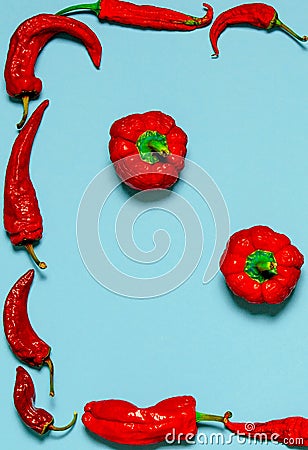 Dried red chili peppers lie on a multi-colored background Stock Photo