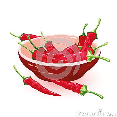 Dried red chili peppers with sharp taste are in ceramic bowl. Spice with pungent flavor. Vector Illustration