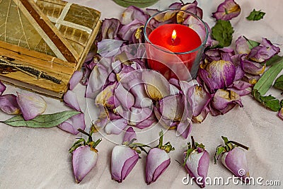 Dried roses, candle and book Stock Photo