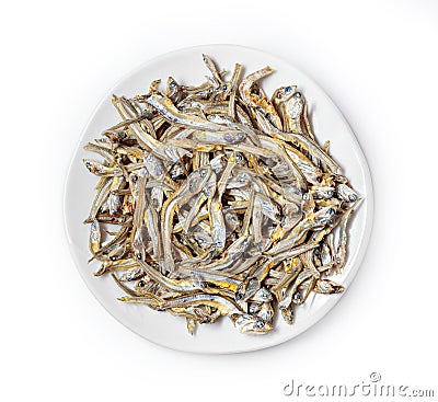 Dried sardines used as seasoning in Japanese foods and cooking on white background. Stock Photo